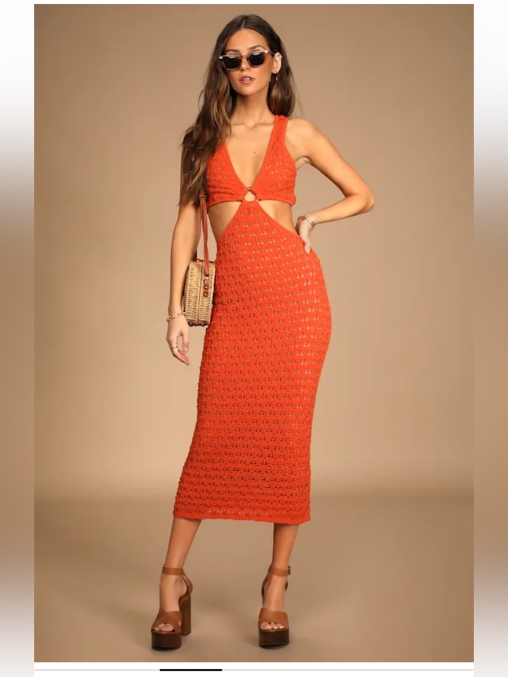 Lulus Beachside Bliss Orange Knit Cutout Sleeveless Midi Dress - Size S